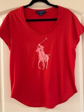 Ralph Lauren Red Scoop Neck Tee with Pink Polo Player Graphic